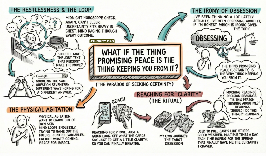 Diagram showing the cycle of anxiety, obsession, and seeking certainty through tarot and divination instead of true peace.
