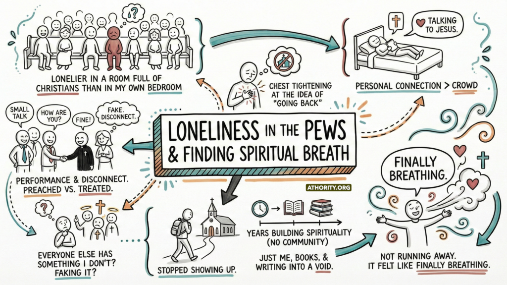 Illustration about loneliness in church, leaving community, and finding personal spiritual connection and healing.
