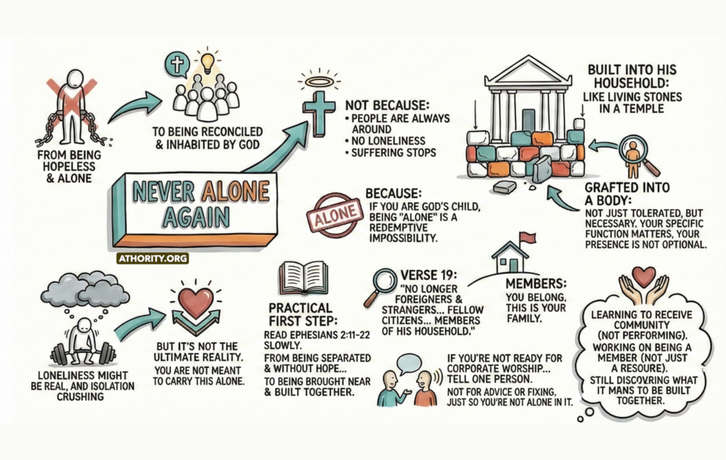 Illustration showing believers being brought into God’s family, emphasizing belonging, community, and never being alone again.
