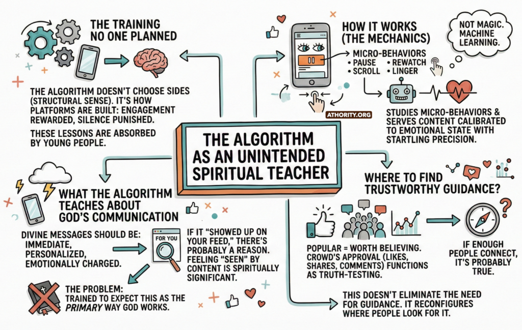 Infographic about algorithms shaping spiritual beliefs.