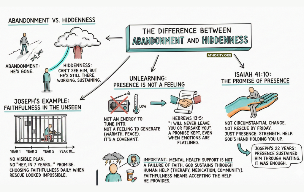 Infographic explaining the difference between abandonment and hiddenness in faith.