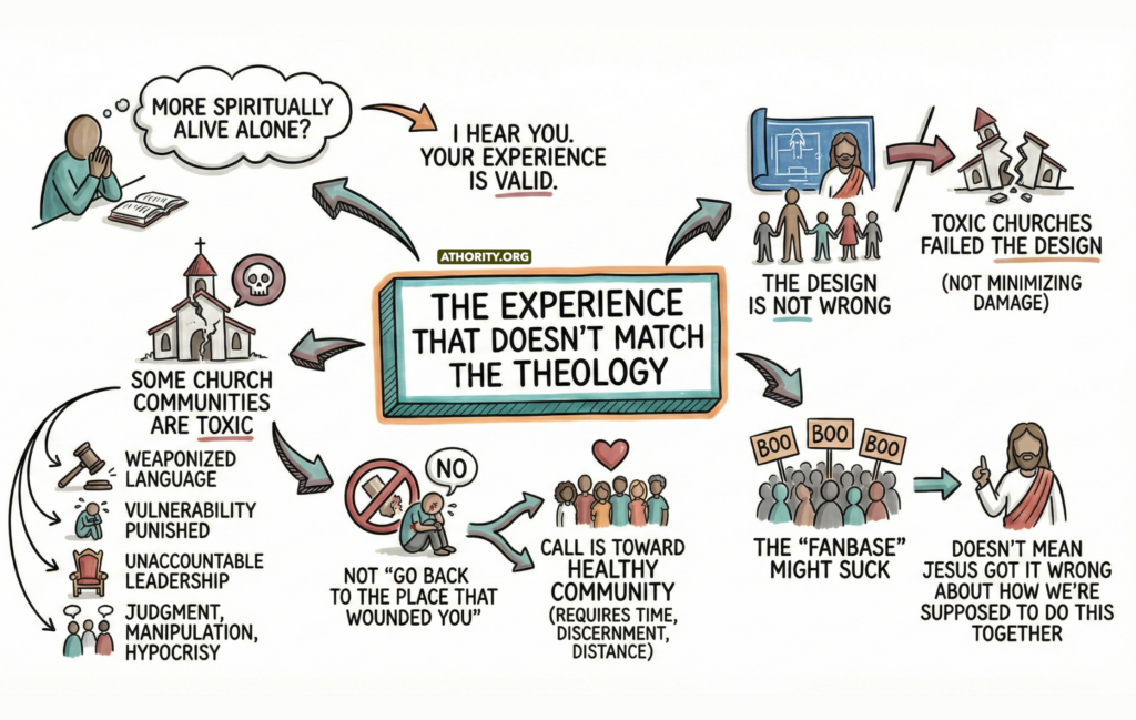 Diagram about toxic church experiences, validating pain, and the call toward healthy Christian community.