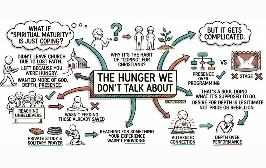 Illustration about spiritual hunger, leaving church for deeper faith, and choosing presence over performance.