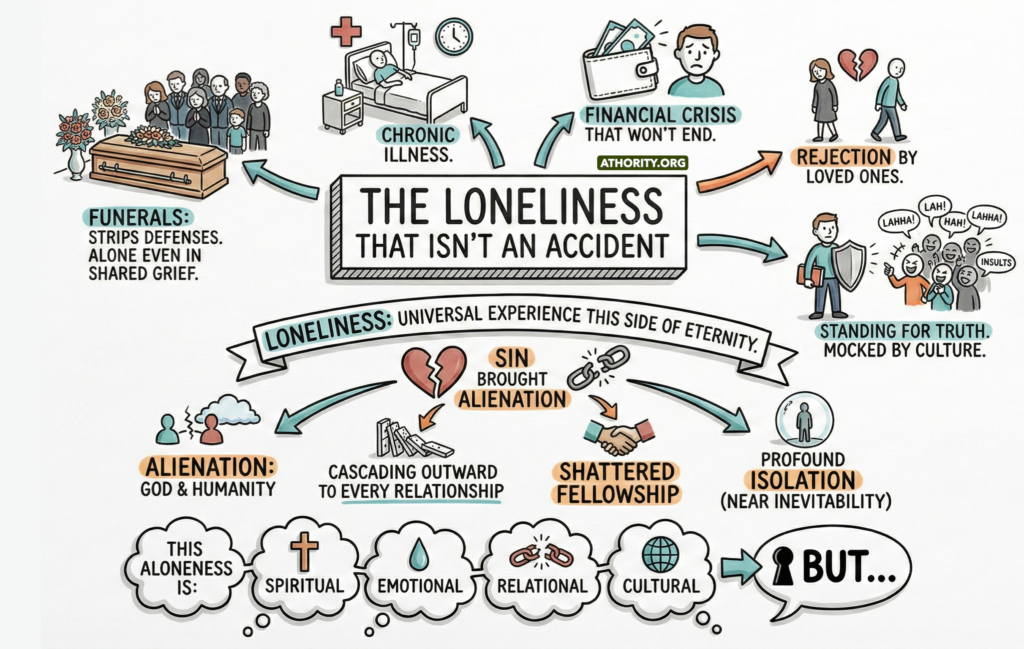 Diagram showing different causes of loneliness, including grief, illness, rejection, and spiritual alienation.