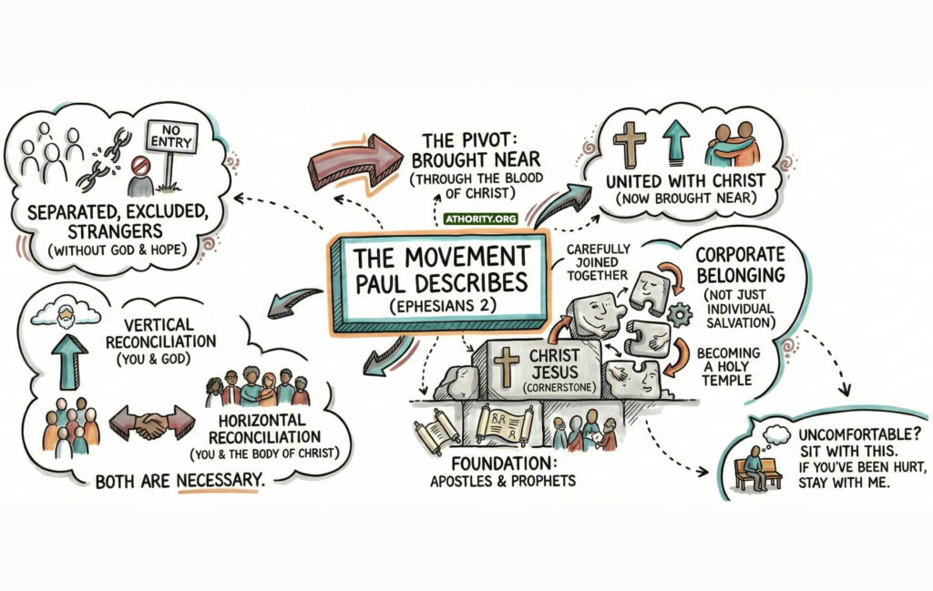 Diagram explaining Paul’s teaching in Ephesians 2 about reconciliation, unity in Christ, and belonging to God’s family.