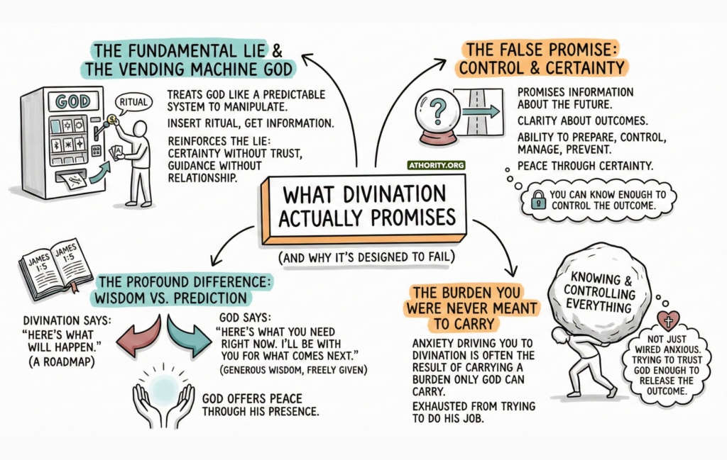 Infographic explaining how divination promises control and certainty instead of trust in God.