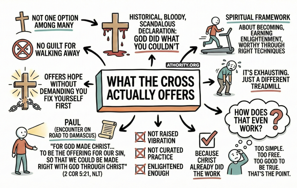 Illustration explaining what the cross offers, contrasting self-effort spirituality with Christ’s finished work and grace.