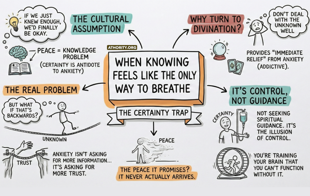 Infographic showing how the search for certainty through divination creates anxiety instead of peace.