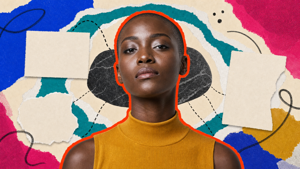 Mixed-media portrait of a dark-skinned Ghanaian woman framed by nested paper zones and open interpretation paths.