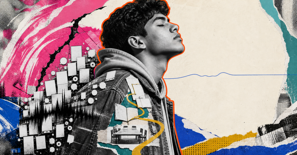 Mixed-media side-profile portrait of a Latino teenager leaning away from blank feed cards and listening toward a quiet line, connected pages, and a shared table.