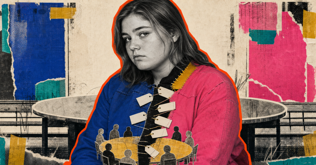 Mixed-media portrait of a guarded teenage girl whose jacket welds opposing color fields around blank tagged questions and opens toward a shared table.