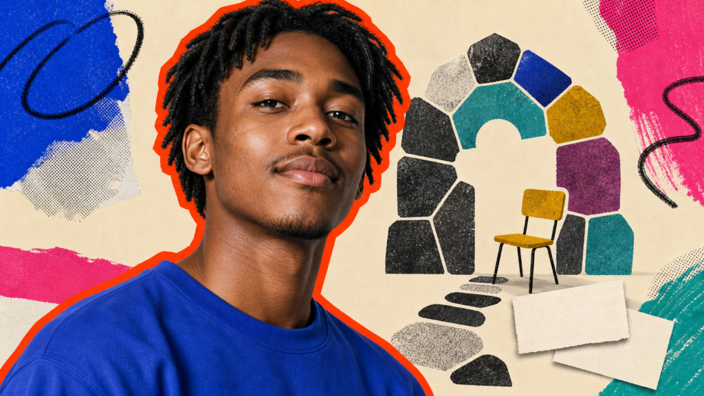 Mixed-media portrait of a young Afro-Brazilian man framed by an open communal circle, an empty chair, and a short line of laid stones.