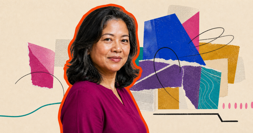 Mixed-media portrait of a Southeast Asian woman beside an attractive but incompletely grounded spiritual structure.