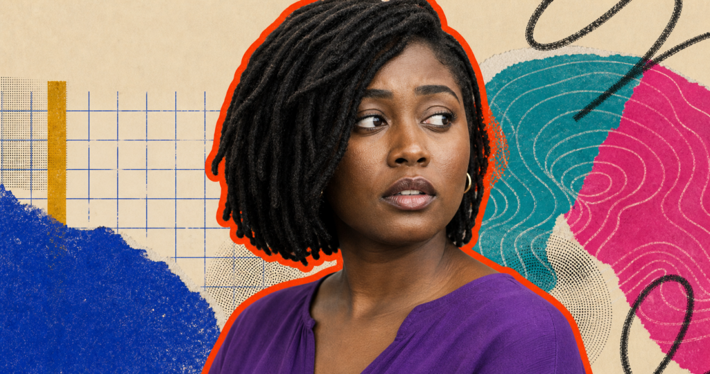 Mixed-media portrait of a dark-skinned Black woman listening between an external grid and inward looping signals.