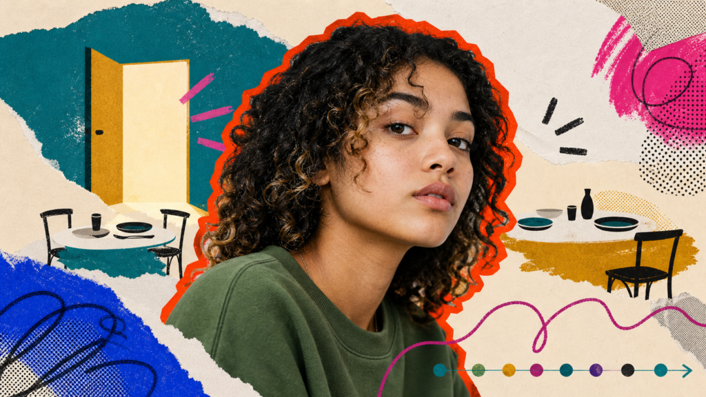 Mixed-media portrait of a biracial young woman framed by an open doorway, two dinner settings, and a patient calendar thread.