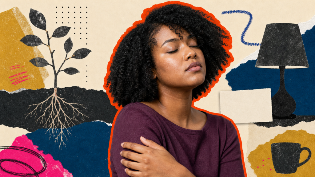 Mixed-media portrait of a curvy young Black woman framed by a dormant plant with healthy roots, an unlit lamp, and symbols of care.