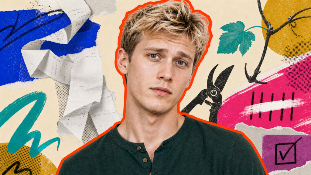 Mixed-media portrait of a young Swedish man framed by erased tallies, a closed account box, pruning shears, and fresh leaf growth.