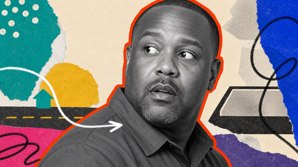 Mixed-media portrait of a broad-built Black man in a cut-paper car as a path moves toward him beside a quiet road and homeward arrow.