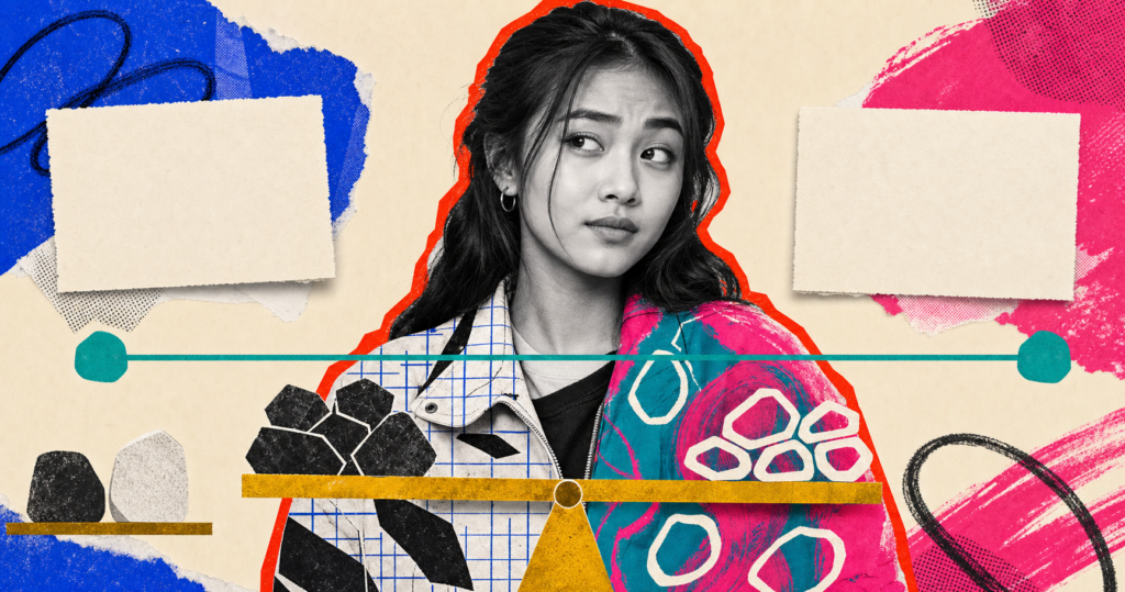 Mixed-media close portrait of a Southeast Asian teenager with unequal weights embedded across her jacket and two blank claim cards behind her.
