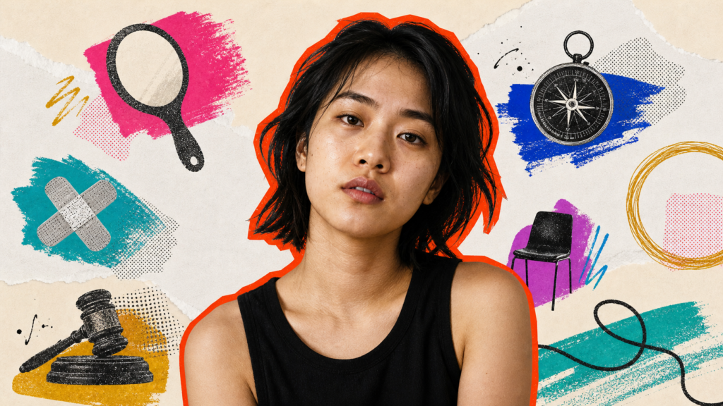 Mixed-media portrait of a tired young East Asian woman framed by an open woven circle, an empty shared chair, and a loosened cord.
