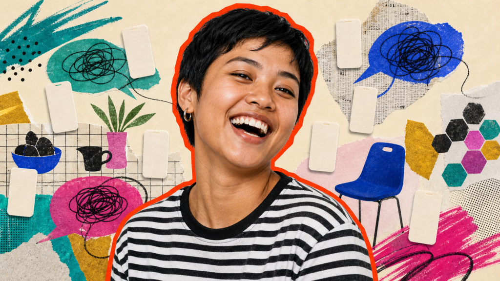 Mixed-media portrait of a young Filipino woman framed by conversation threads, a family table grid, and a church chair among competing inputs.
