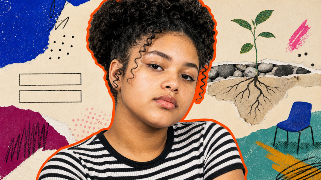 Mixed-media portrait of a fuller-built Black and Latina teenage girl framed by deep roots, shallow answer boxes, and an open chair.