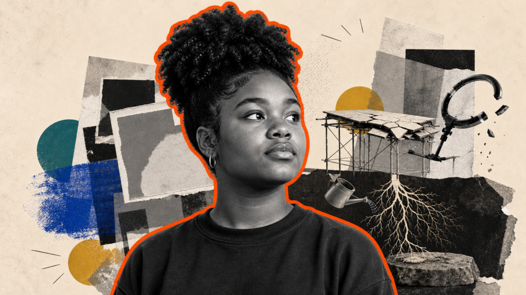 Mixed-media portrait of a Black teenage girl with blank social-feed fragments, a cracked platform, deep roots, and a stable stone foundation.
