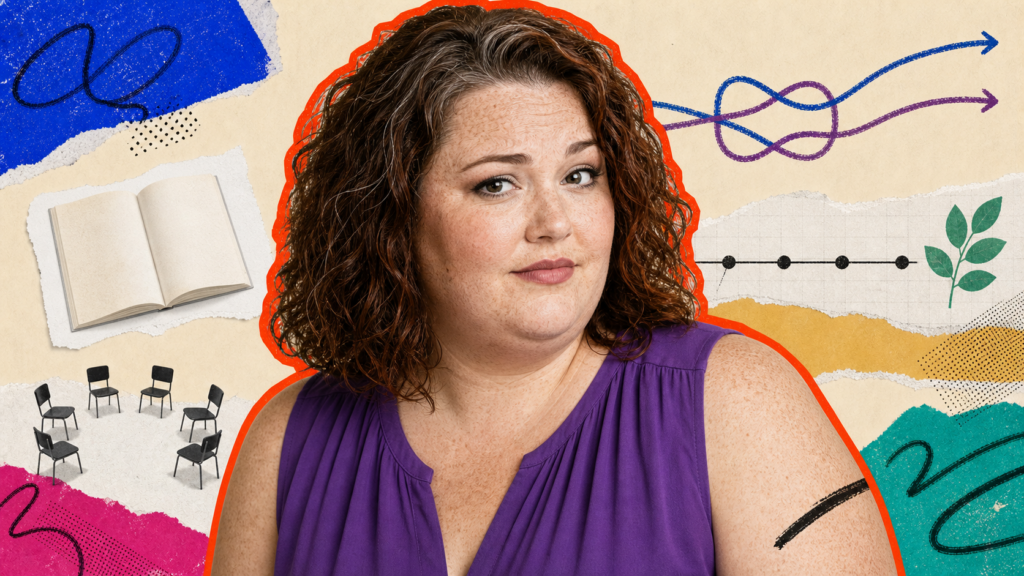 Mixed-media portrait of a plus-size white woman with a questioning expression framed by paired cords, an open book, chairs, and a growing leaf.