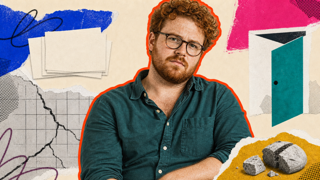 Mixed-media portrait of a white man in his thirties framed by fluent answer cards, a cracked childhood contract grid, and a rooted foundation block.