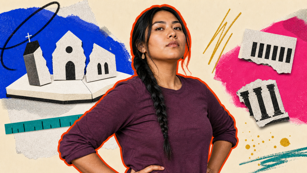 Mixed-media portrait of a young Indigenous woman framed by a blank book-shaped foundation, rebuilding blocks, and a recovered measuring line.