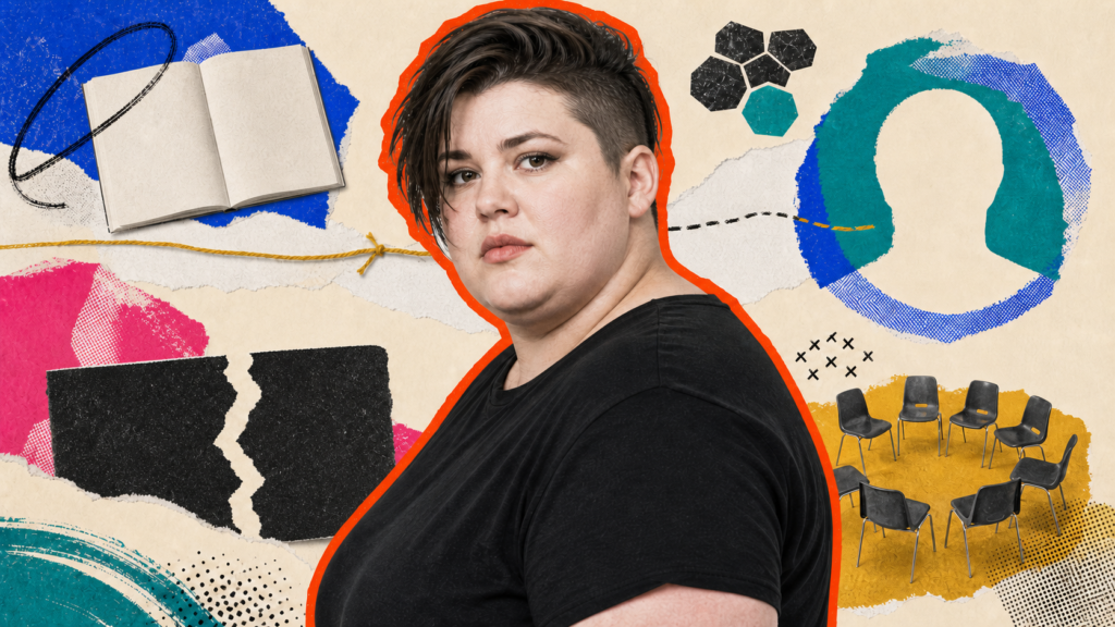 Mixed-media portrait of a plus-size young white woman framed by a prayer book, a torn connection, and a circle of church chairs.