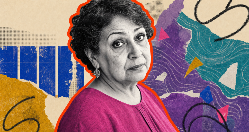 Mixed-media portrait of an older Middle Eastern woman between ordered church patterns and intuitive spiritual imagery.