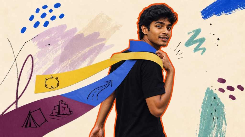 Flat mixed-media portrait of a young Indian man carrying three graphic route ribbons for Nomads, Prodigals, and Exiles across his shoulders.