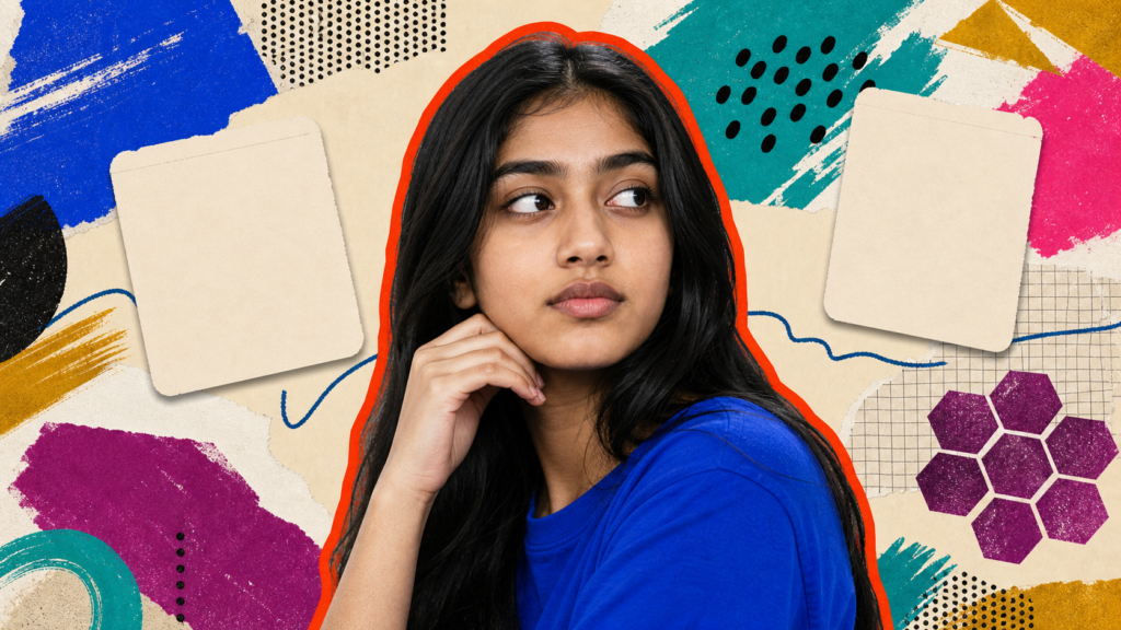 Mixed-media portrait of a South Asian teenage girl framed by inherited paper scraps, vivid personalized shapes, and an unconnected strand.