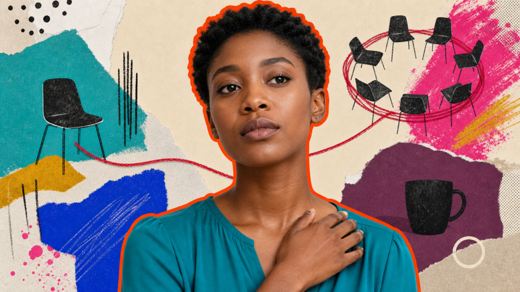 Mixed-media portrait of a thoughtful young East African woman framed by a red thread, a single chair, and an open woven circle.
