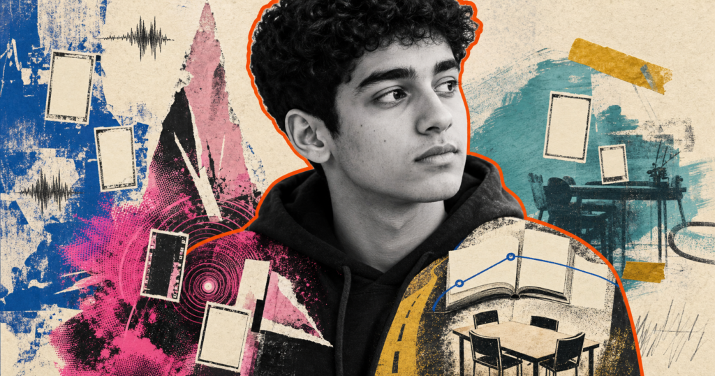 Mixed-media close portrait of a Middle Eastern teenager whose jacket contrasts blank viral clip frames with an open book, connected pages, and a shared table.