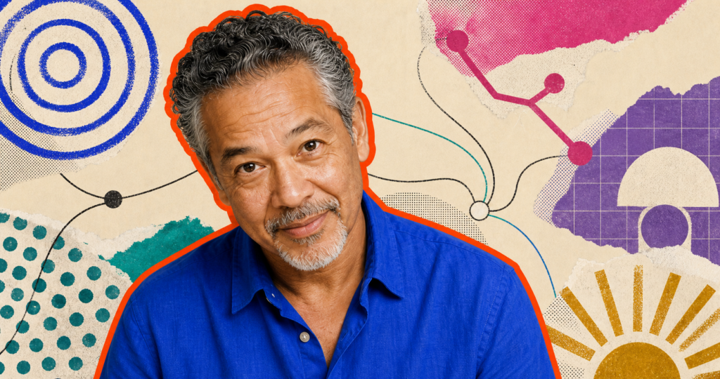 Mixed-media portrait of an older Latino man surrounded by abstract symbols for attention, grounding, meaning, identity, and agency.