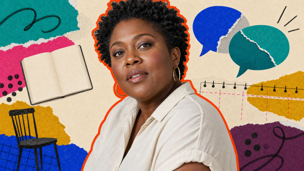 Mixed-media portrait of a plus-size Black woman listening beside an empty chair, repaired paper, and a long stitched line.