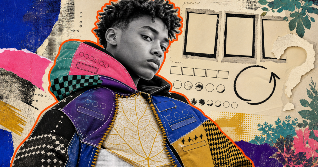Mixed-media portrait of a Black teenager in a patchwork jacket marked by blank ratings, opening toward a cream leaf-veined panel beside empty profile frames.