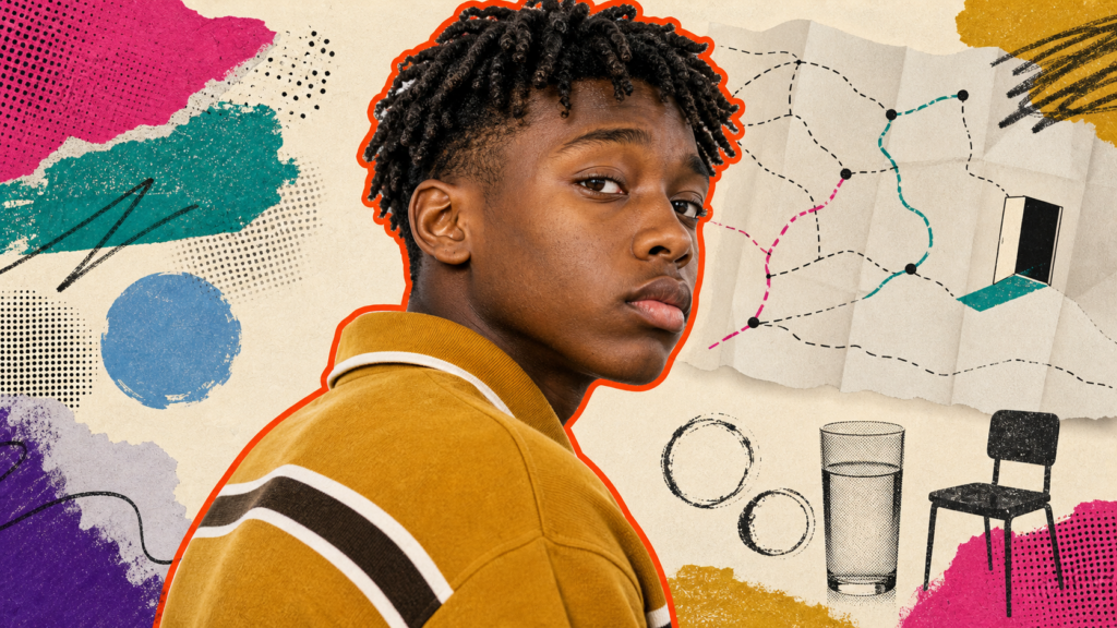 Mixed-media portrait of a Black teenage boy looking back with a searching expression beside an empty chair, a doorway, and water-blue circles.