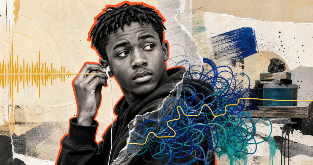 Mixed-media portrait of a Black teenage boy lifting an earbud as a clear gold signal becomes tangled across his hoodie and then resolves.