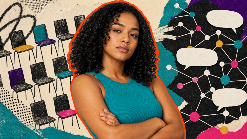 Mixed-media portrait of a young Afro-Latina woman framed by a church chair grid, a branching digital network, and a small bridge seam.