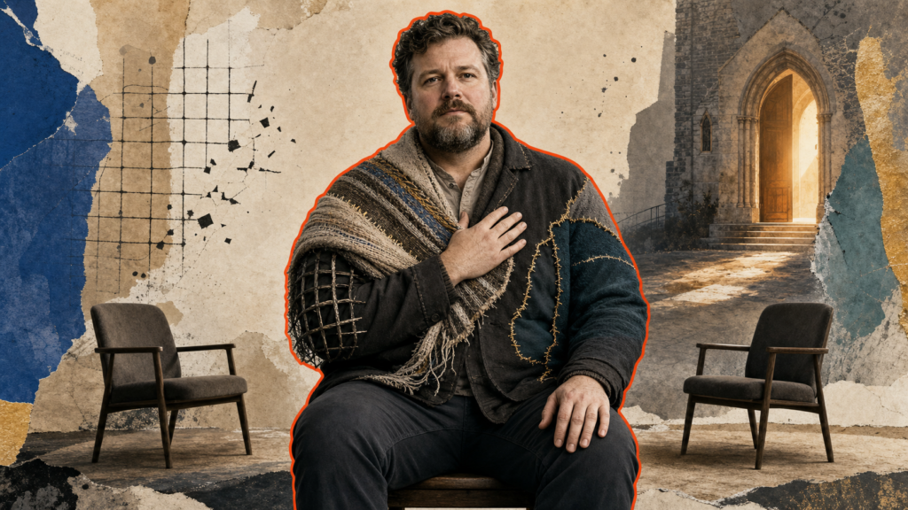 Mixed-media portrait of a full-figured white man seated upright in a woven shawl, with broken cage lines and gold repair stitching across his jacket.