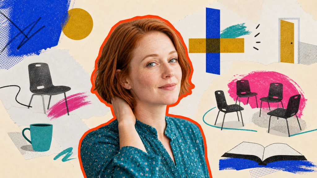 Mixed-media portrait of a red-haired white woman turning toward the viewer beside a solitary chair that opens into a connected household circle.