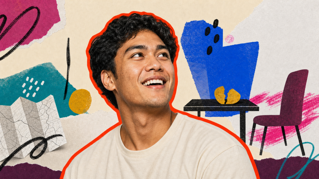 Mixed-media portrait of a young Maori man with a warm, recognizing gaze beside a short road, bread, an empty chair, and a folded map.