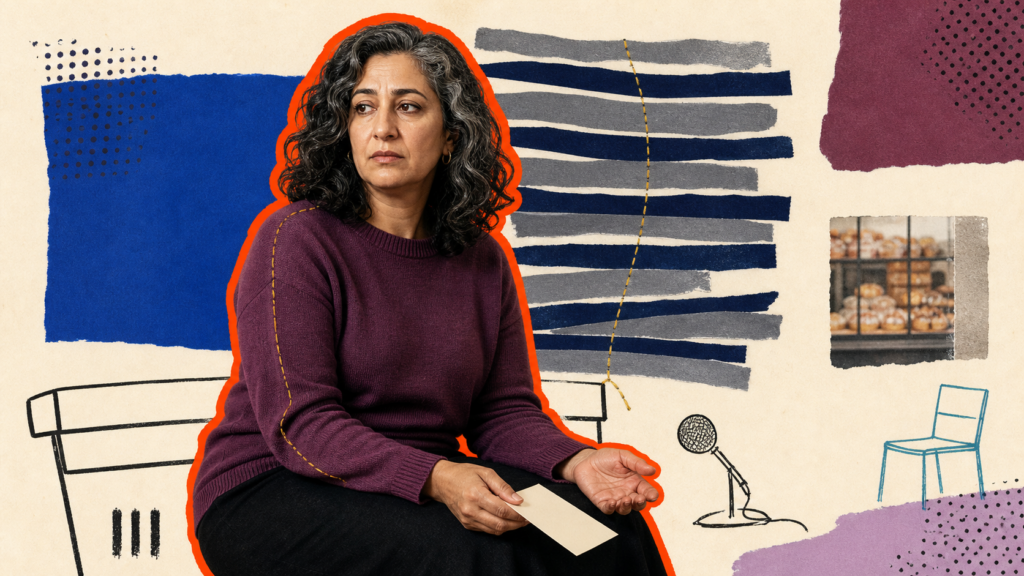 Flat mixed-media portrait of a Middle Eastern woman holding a blank prayer card beside long paper bands, an open hand, and a gold stitch.