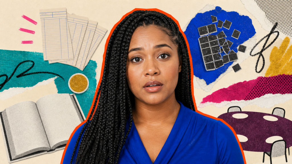 Mixed-media portrait of a curvy young Black woman with a vulnerable expression beside blank timecards, an open ledger, and a broken calculator grid.