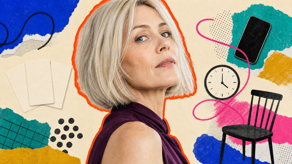 Mixed-media portrait of a blonde white woman with an anxious, resolute expression beside a face-down phone, plain card shapes, a late clock, and a resting chair.