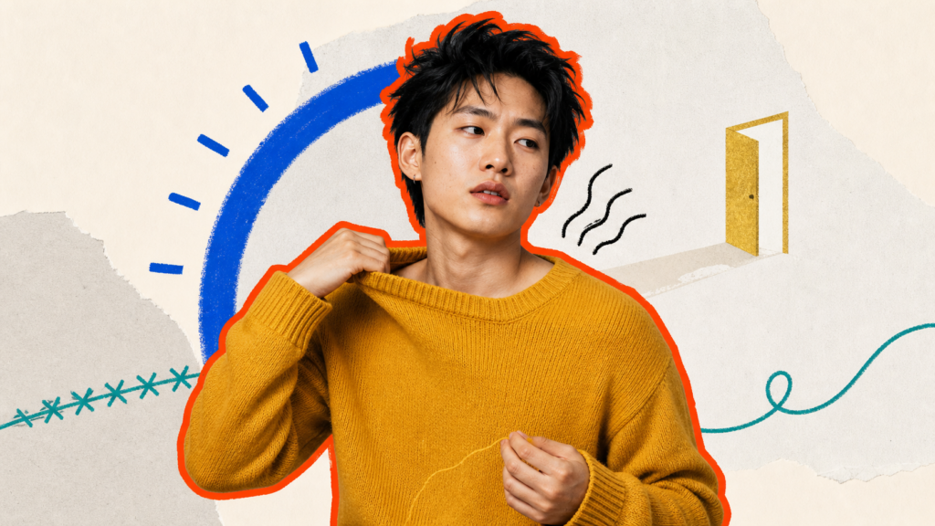 Flat mixed-media portrait of an East Asian young adult pulling the collar of a mustard sweater beside heat lines, an open door, and a loosening stitch.