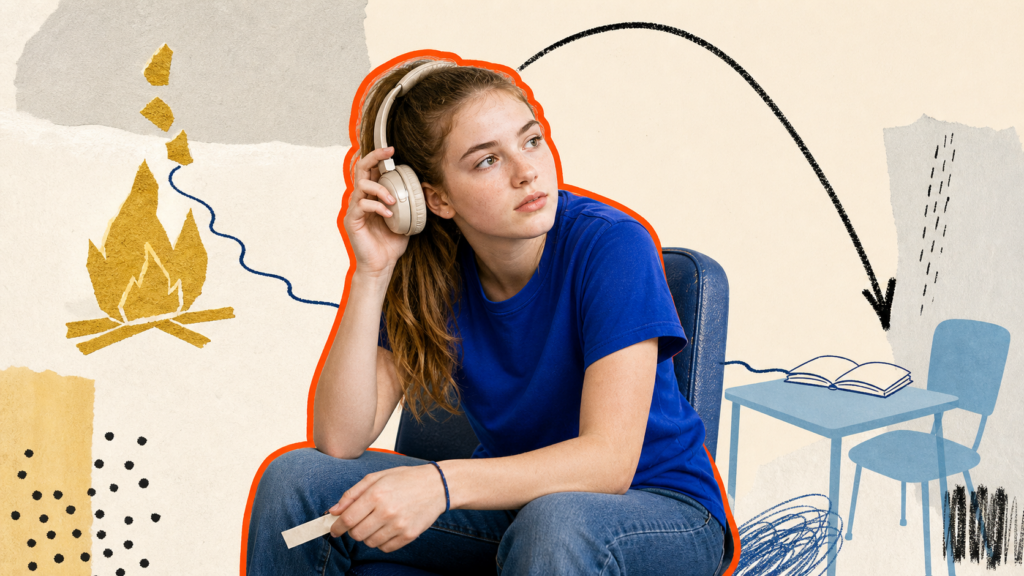 Flat mixed-media portrait of a white teenage girl lifting one headphone beside a paper campfire, descending arc, and ordinary school desk.